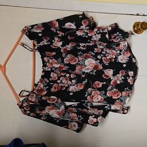 Crave fame flower shirt that hangs off shoulder, black and pink, size medium